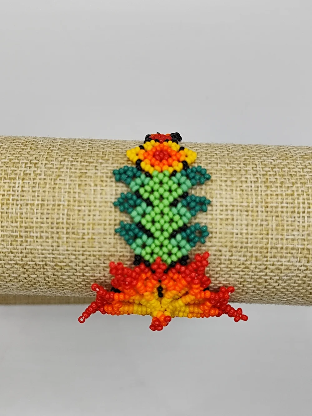 Vibrant Floral Seed Bead Bracelet in Red, Orange & Green
